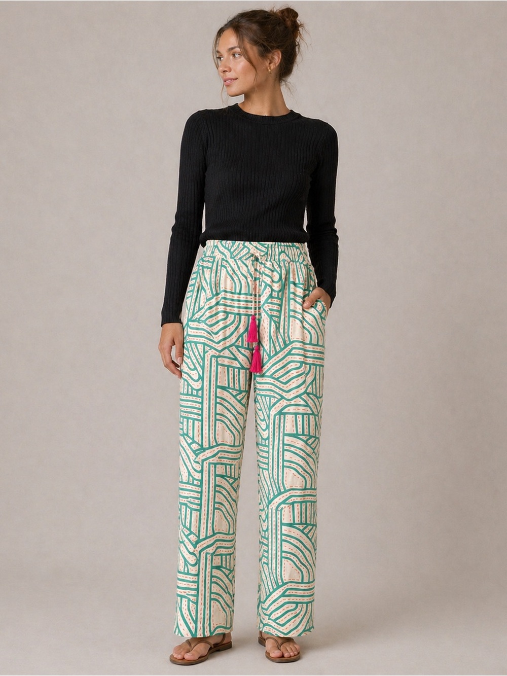 World Market Mid Rise Straight Leg Patterned Pants Green Beige Size S/M